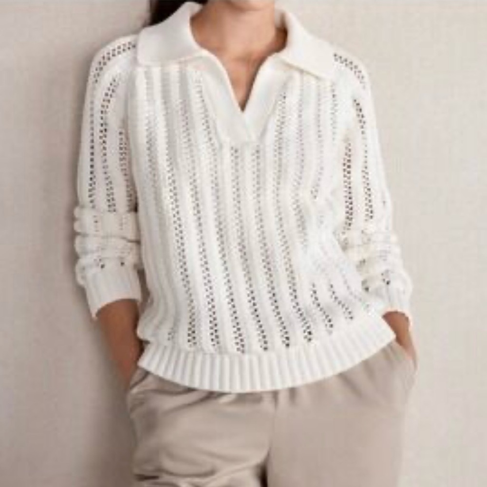 Haven Well Within Winter White Open Knit Collared V Neck Sweater